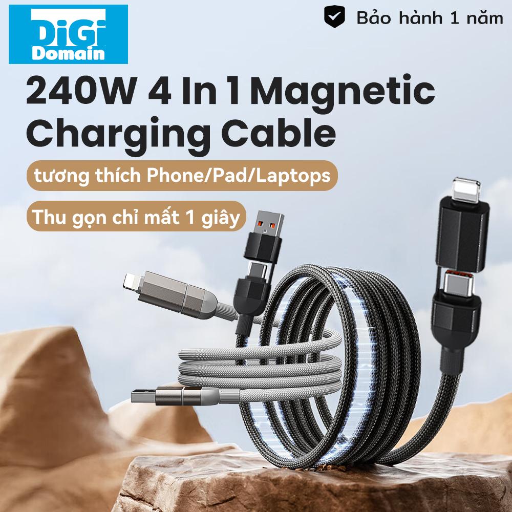  Digi 4 trong 1 Sạc nhanh 240W và PD 27W Hút từ tính Chống cuộn dây Dây cáp 480Mbps USB Type-C to Type-C Lightning Tương thích với iPhone Samsung Xiaomi Redmi Hỗ trợ Macbook sạc máy tính xách tay hỗ trợ kết nối có dây Carplay Sạc Điện Thoại 