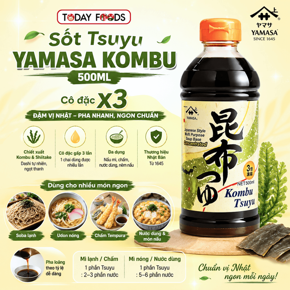 Nước sốt Tsuyu Yamasa Kombu 500ml | cốt súp Nhật cô đặc gấp 3 lần - nấu mì udon, soba, somen, chấm tempura