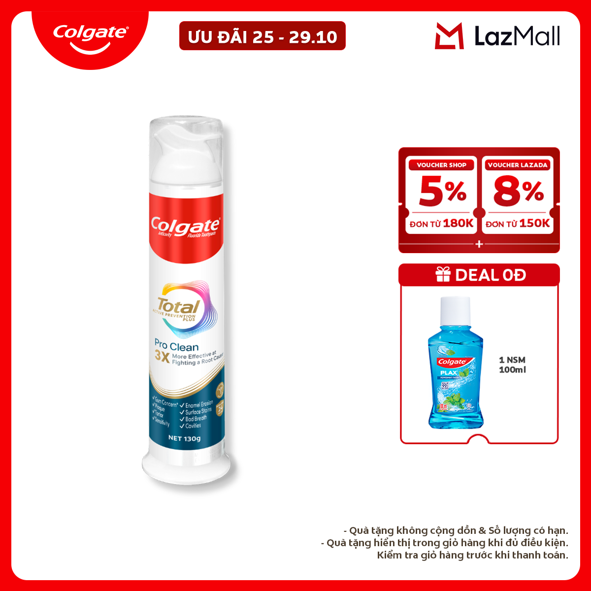 Kem đánh răng Colgate vòi nhấn thông minh Total Pro Clean, khóa chân không hạn chế tiếp xúc vi khuẩn 130g/ ống