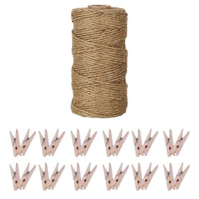 1 Roll of 100m DIY Crafts Natural Jute Twine Rope + 50 PCS Wooden Clips for Photo Hanging Scrapbooking Gift Packaging Festive Decoration Gardening Applications - intl