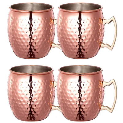 4 Pcs 530ml Stainless Steel Copper Plating Hammered Drum Style Moscow Mule Beverage Mug Cups with Handle