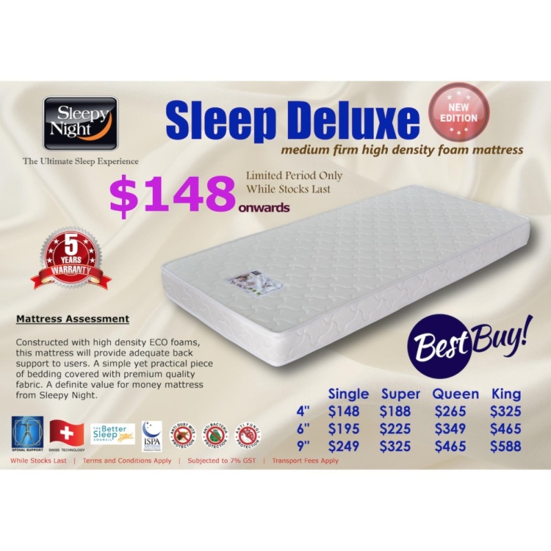 Sleepy Night Sleep Deluxe High Density Foam Mattress, Single 4 (FREE DELIVERY)
