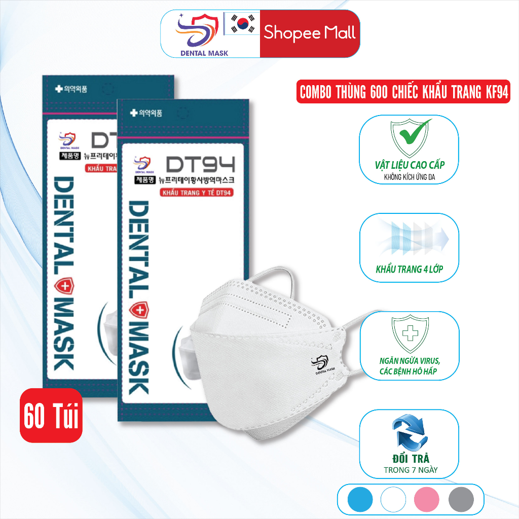 Khẩu trang y tế 4D KF94 4 lớp có giấy lọc kháng khuẩn dày dặn thùng 600 chiếc - Dental Mask