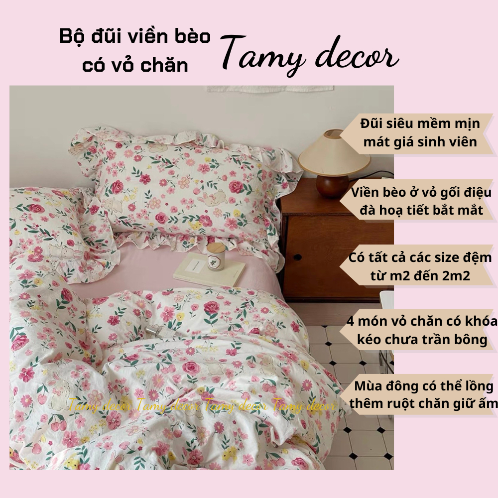 Bộ ga gối cotton đũi viền bèo họa tiết hoa vintage Tamy Decor chất mềm mịn vỏ chăn lồng được ruột