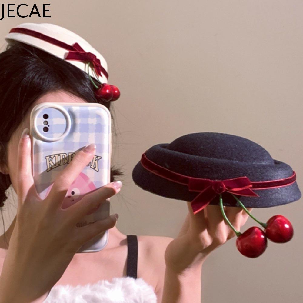 JECAE Phong cách Pháp Kẹp tóc Mũ anh đào Mũ Beanie Nơ Nhung Kẹp tóc Mũ Tròn Thanh lịch Phụ kiện tóc Kẹp tóc nữ Nữ