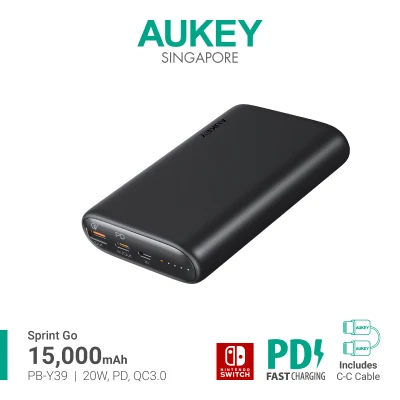 Aukey PB-Y39 15000mAh 20W Fast Charge PD Powerbank USB-A & USB-C, Travel Portable Charger for iPhone 11 12 Android