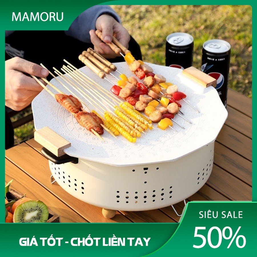 Bếp nướng than hoa tròn không khói BBQ Proki chịu nhiệt có chân phụ nhỏ gọn - MAMORU