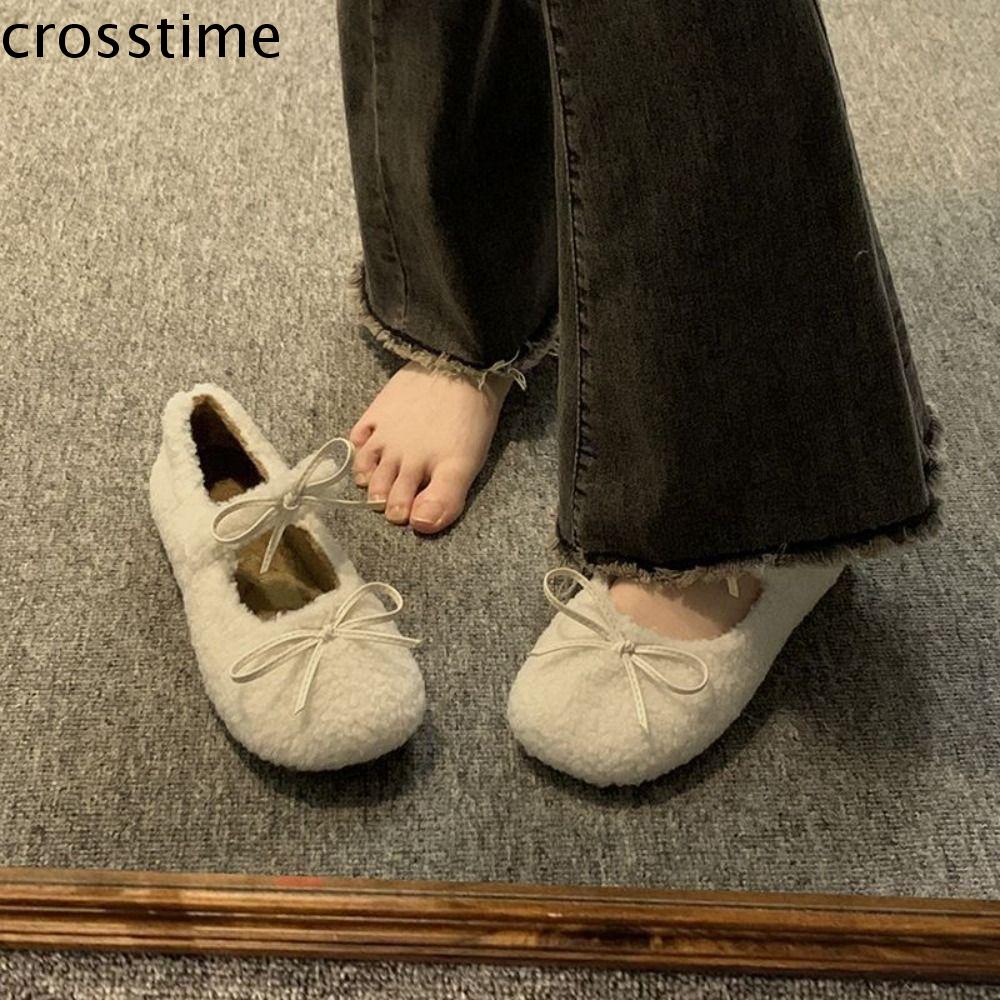 CROSSTIME Nơ Giày đế bằng thắt nơ Phong cách múa ba lê Dày Giày đế bằng lông cừu cho Nữ Thoải mái Dễ thương Giày giữ ấm mùa đông Phụ nữ