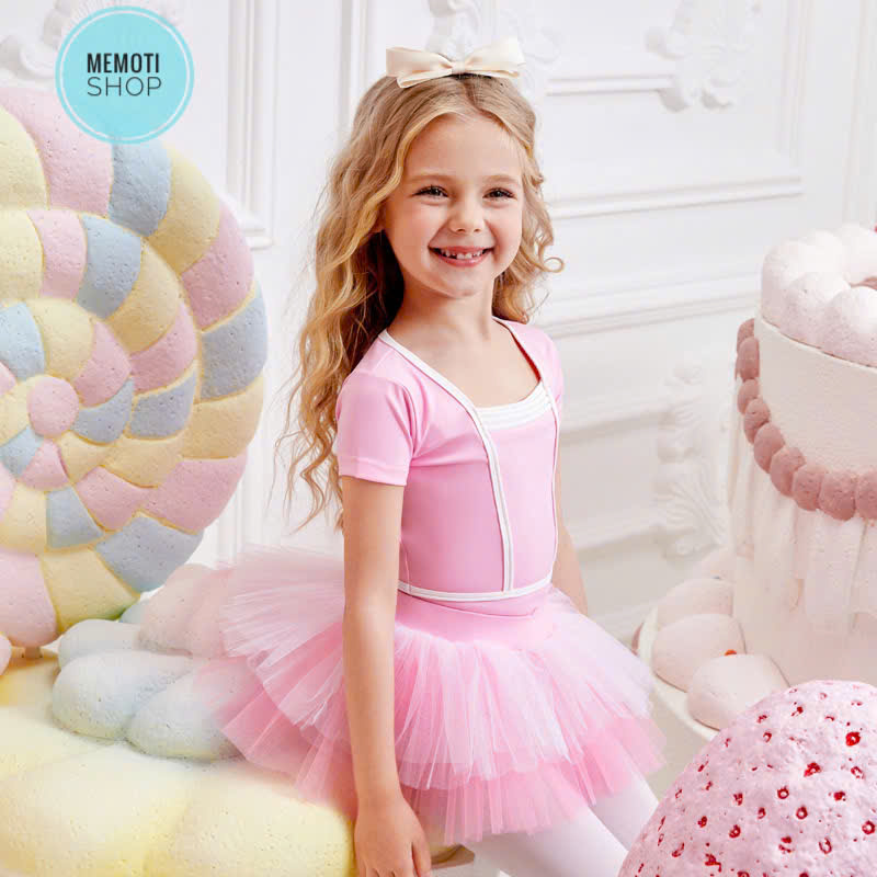Set áo váy múa đáp ngực tay ngắn hồng