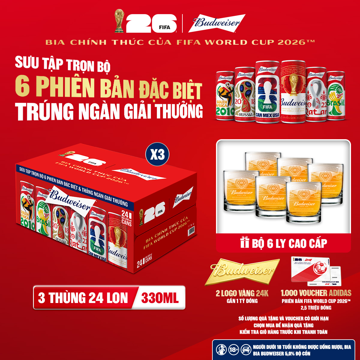 Combo 3 Thùng 24 Lon Bia Budweiser Sleek Can Chính Hãng (330ml/lon)