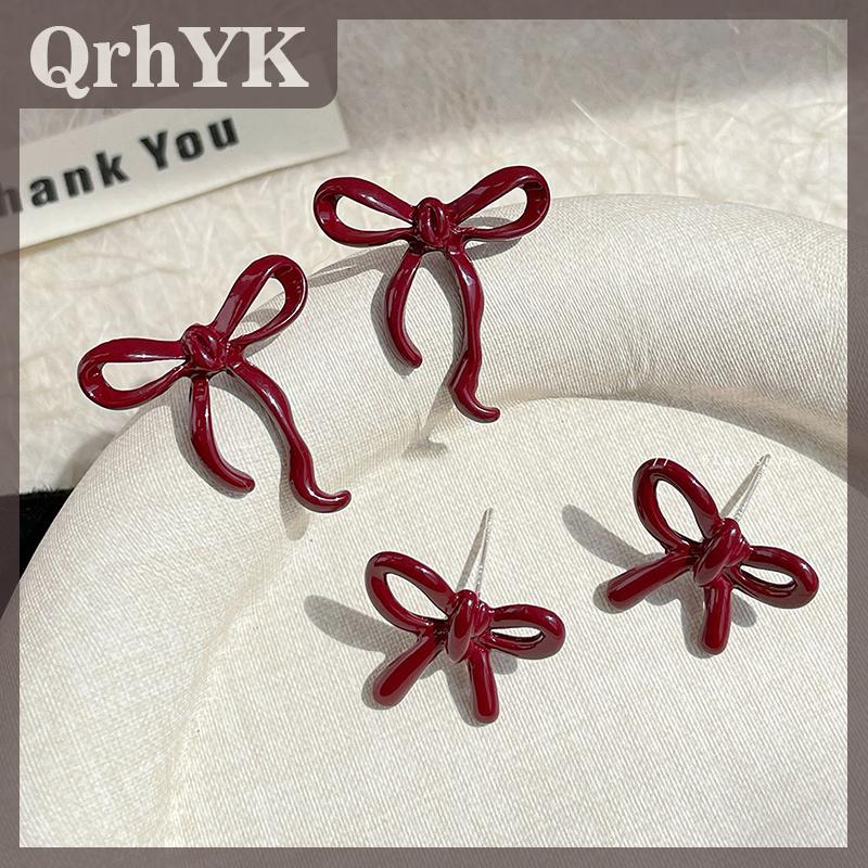 QrhYK 1 cặp đáng yêu tinh Tế Mini Red Bow Stud Bông tai cho phụ nữ cô gái ngọt ngào đơn giản đa năng bông tai trang sức phụ kiện Quà Tặng