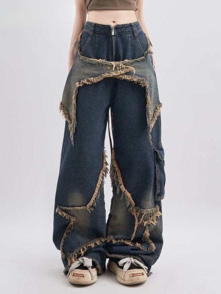  SDCVRE straight trousers Blue Baggy Jeans Women Oversize  Vintage Streetwear Denim Pants Patchwork Print Oversize Wide Leg Trousers,  qianlan, L : Clothing, Shoes & Jewelry