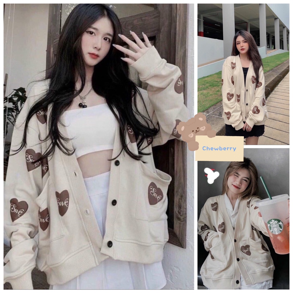 Áo khoác cardigan trái tim swe nữ màu be nude form rộng