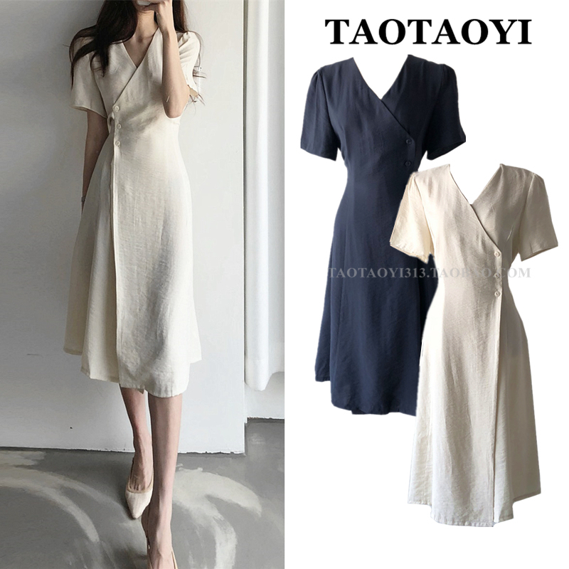Mùa Hè Mẫu Mới Phong Cách Hong Kong Ánh Sáng Khí Chất Cổ Chữ V Bó Eo Tôn Dáng Cotton Đầm Nữ Phong Cách Retro Kiểu Lửng Váy Chữ A Con
