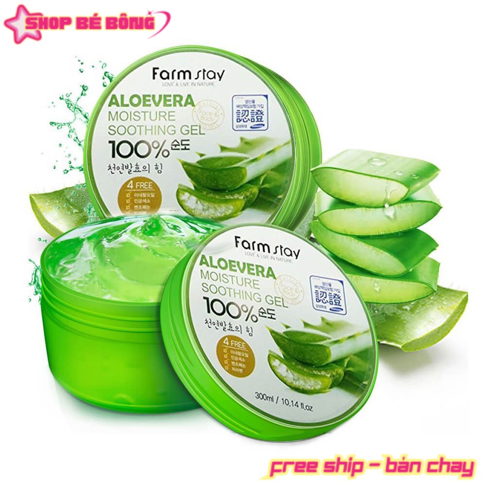 (BB) Gel Nha Đam Aloe Vera FarmStay 100% Đa Công Dụng 300ml cung cấp độ ẩm cho da giúp làm tăng độ đàn hồi và se khít lỗ chân lông cho da