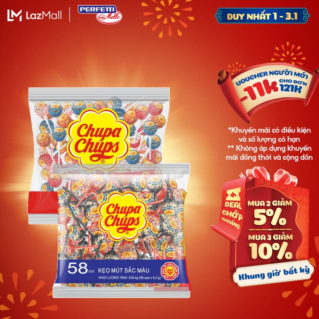 Kẹo mút Chupa Chups Hương Trái Cây Hỗn Hợp 60 que Hương Dâu và Cola tô màu lưỡi 58 que