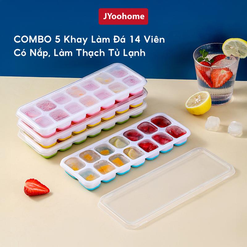  COMBO 5 Khay Làm Đá Silicon 14 Viên Có Nắp JYoohome Khay Đá Dẻo Dễ Lấy Khuôn Làm Thạch Tiện Lợi 