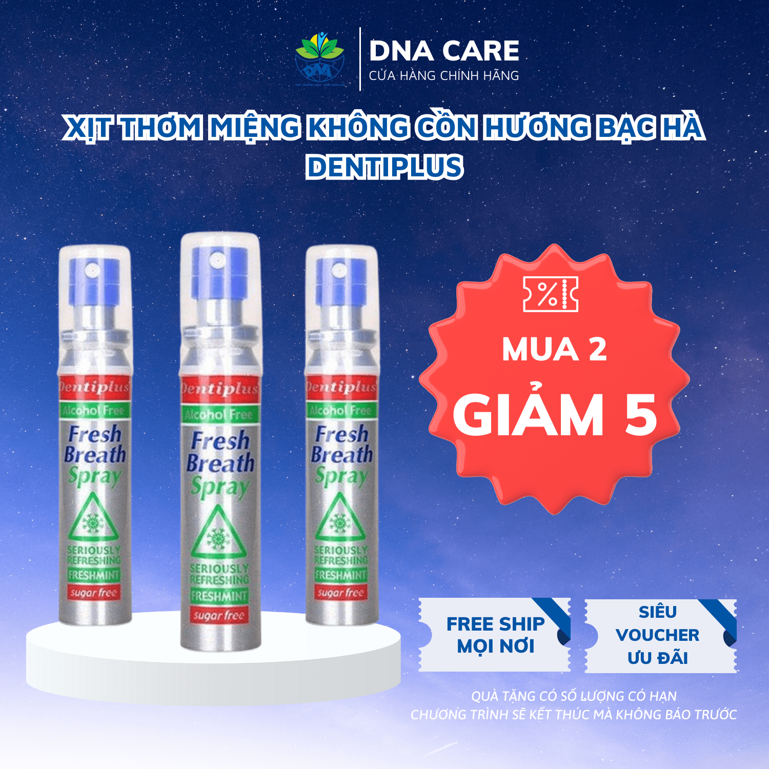 Xịt thơm miệng Dentiplus không cồn hương bạc hà chai 25ml