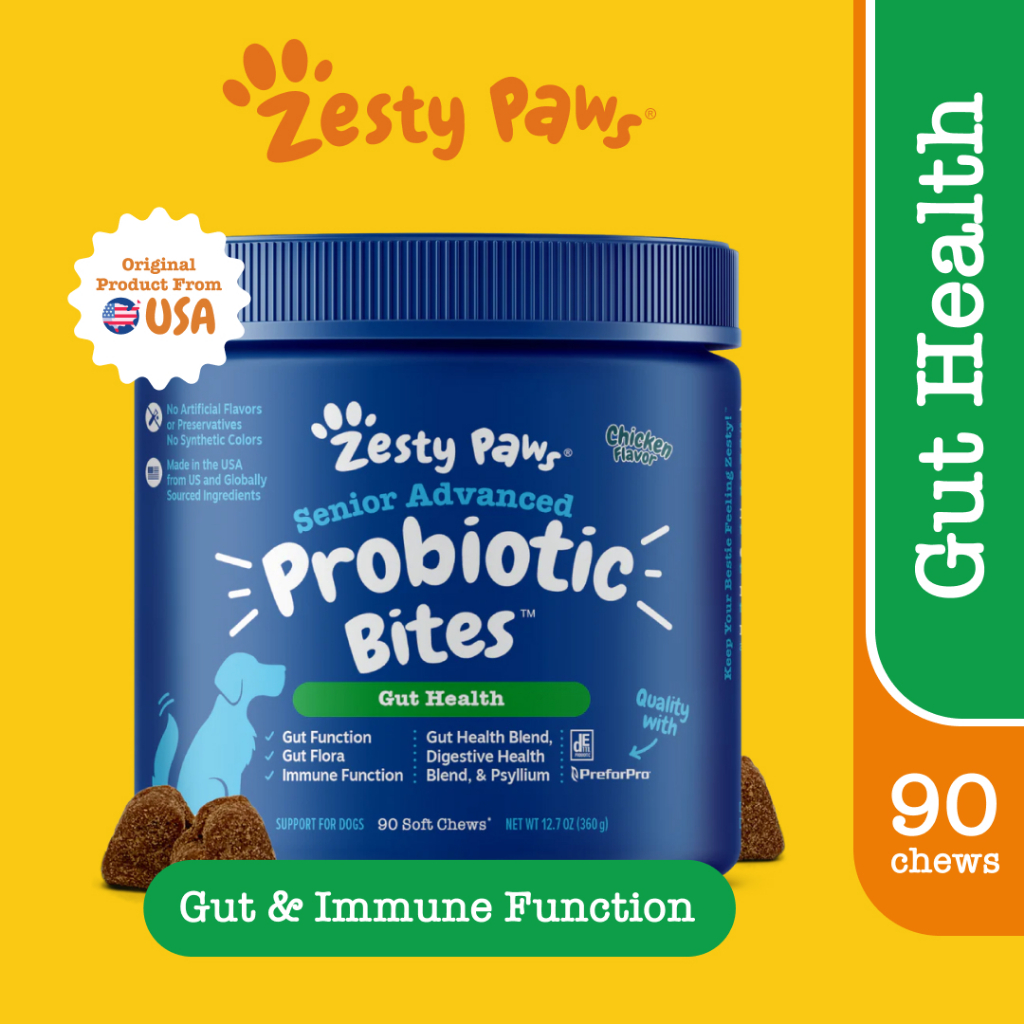 Zesty Paws Senior Probiotic Bites Soft Chews for Dogs Gut Health [รสไก่] (แบบนุ่ม 90 เม็ด) (หมดอายุ:12 2025) ราคา 1,790 บาท*ส่งฟรี