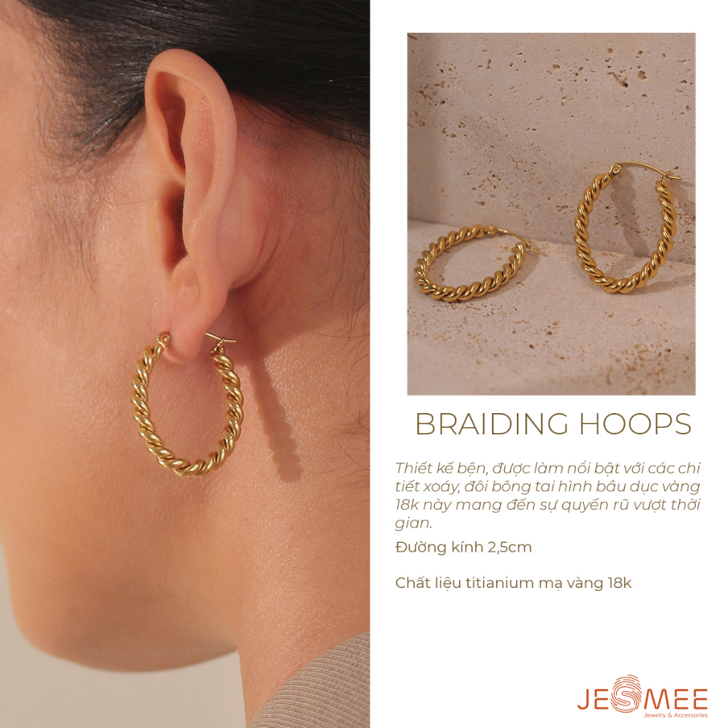 -Khuyên tai xoắn Braiding hoop Mee bản lớn mạ vàng 18k - E6559