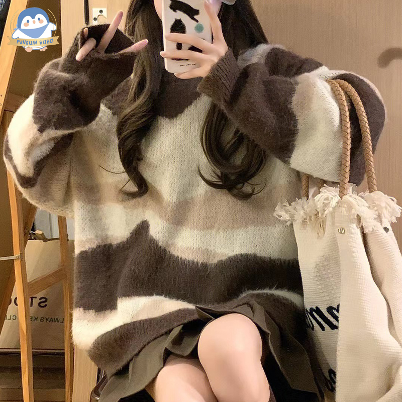 Pb Soft and waxy contrasting mid-length sweater Loose and gentle knitted sweater tops for autumn and winter outerwear