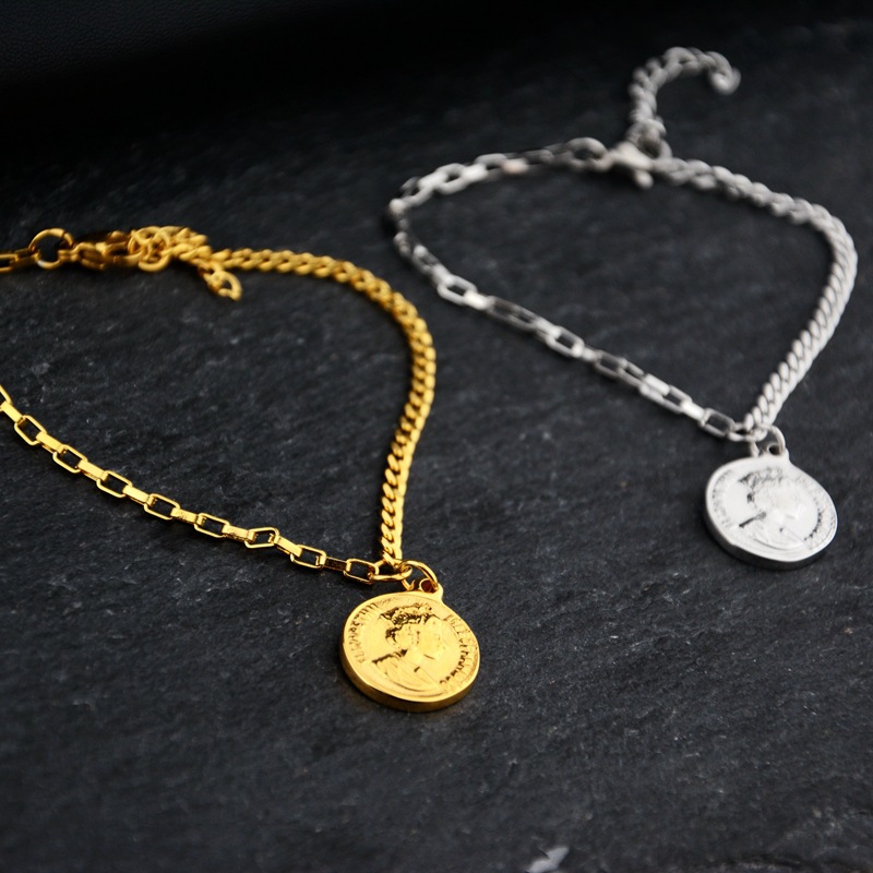luogang8jshgFashion Personality Queen Gold Coin Pendant Bracelet Women's Titanium Steel Jewelry