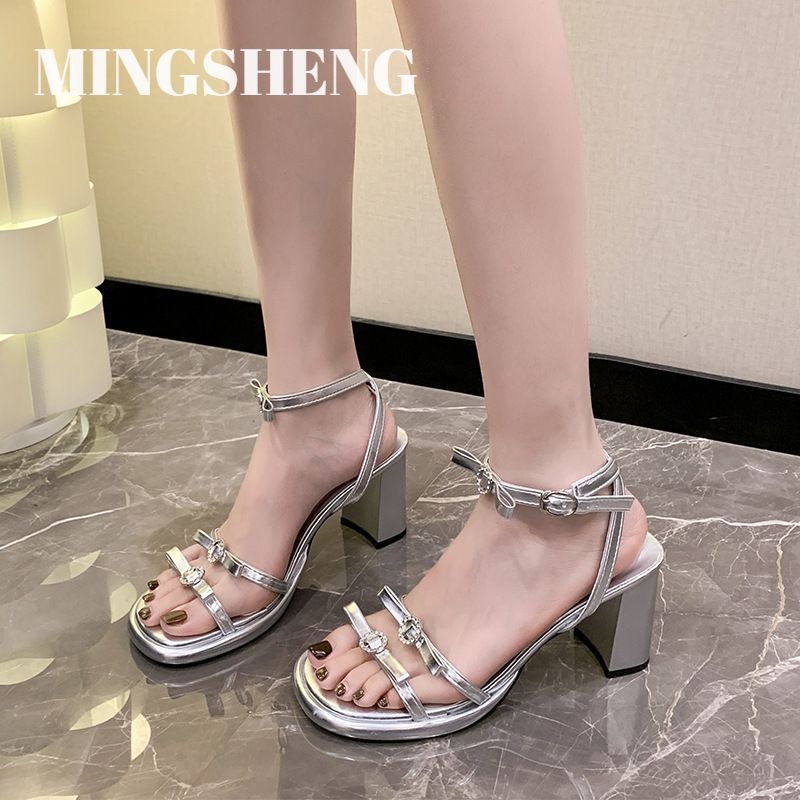 MINGSHENG High Heel Sandals Women's Sweet Peep Toe Sandals Summer Buckle Design ราคา 438 บาท*ส่งฟรี