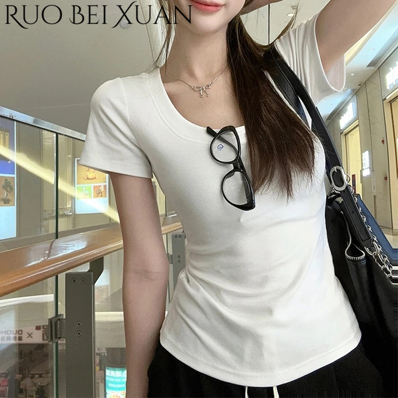 Ruo Bei Xuan Women's Summer Short Sleeve Slim Fit T-Shirt with U-Neck Design ราคา 136 บาท*ส่งฟรี