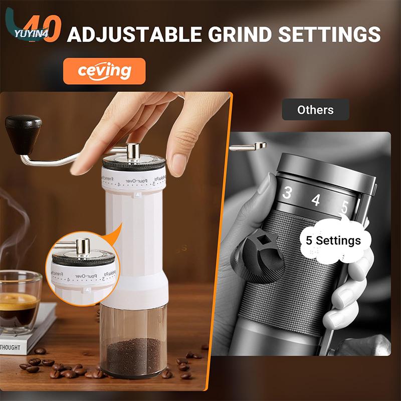 YUYIN4 Máy xay cà phê thủ công mini với 5 cài đặt 40 cài đặt có thể điều chỉnh, máy xay cà phê cầm tay có dung tích 30g