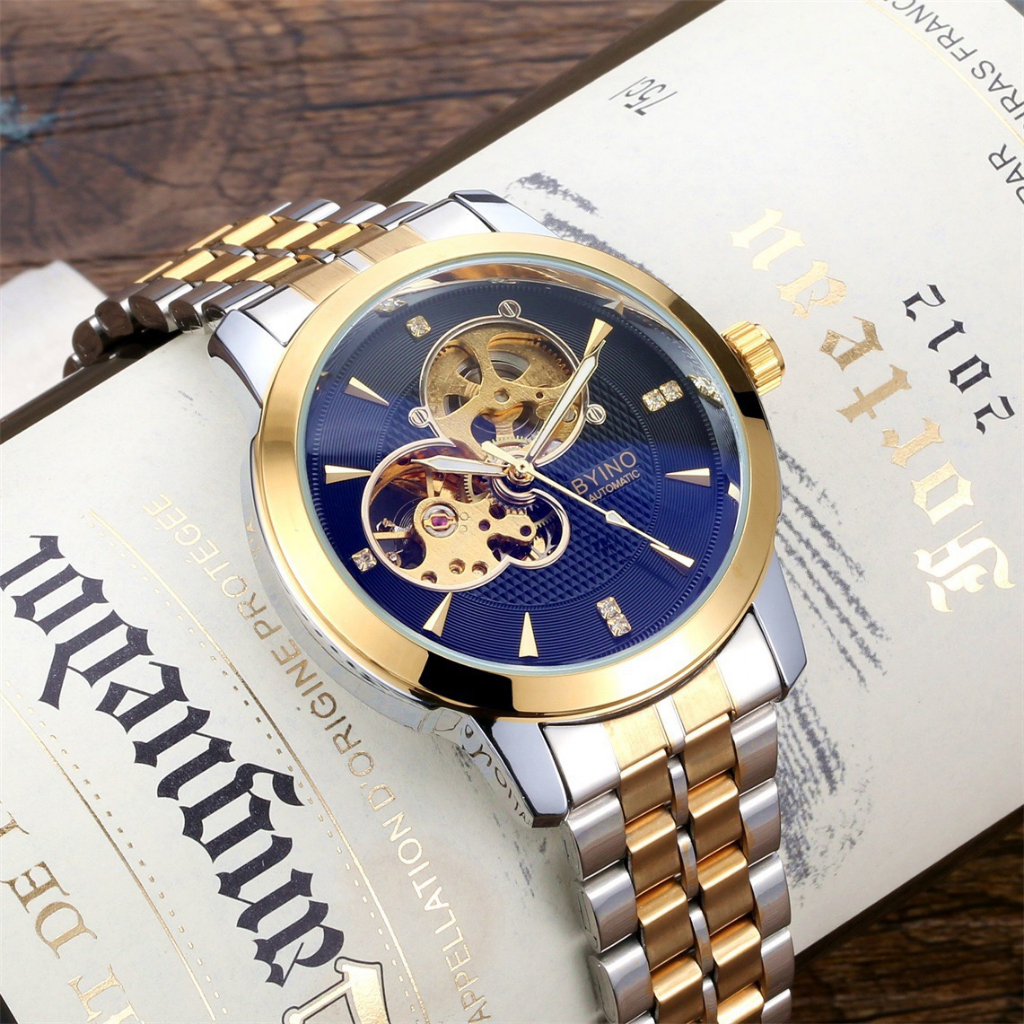 Đồng Hồ Nam Cơ Automatic Byino JAPAN WATCH Thiết Kế Lộ Tim Cơ Dây Thép Cao Cấp Không Gỉ Size 40mm
