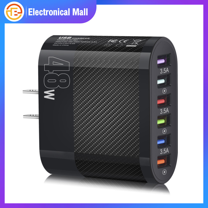 Bộ sạc gắn tường USB 48W 6-Cổng sạc nhanh khối rắc cắm Bộ chuyển đổi tương thích cho iPhone Máy tính bảng Android PC điện thoại di động