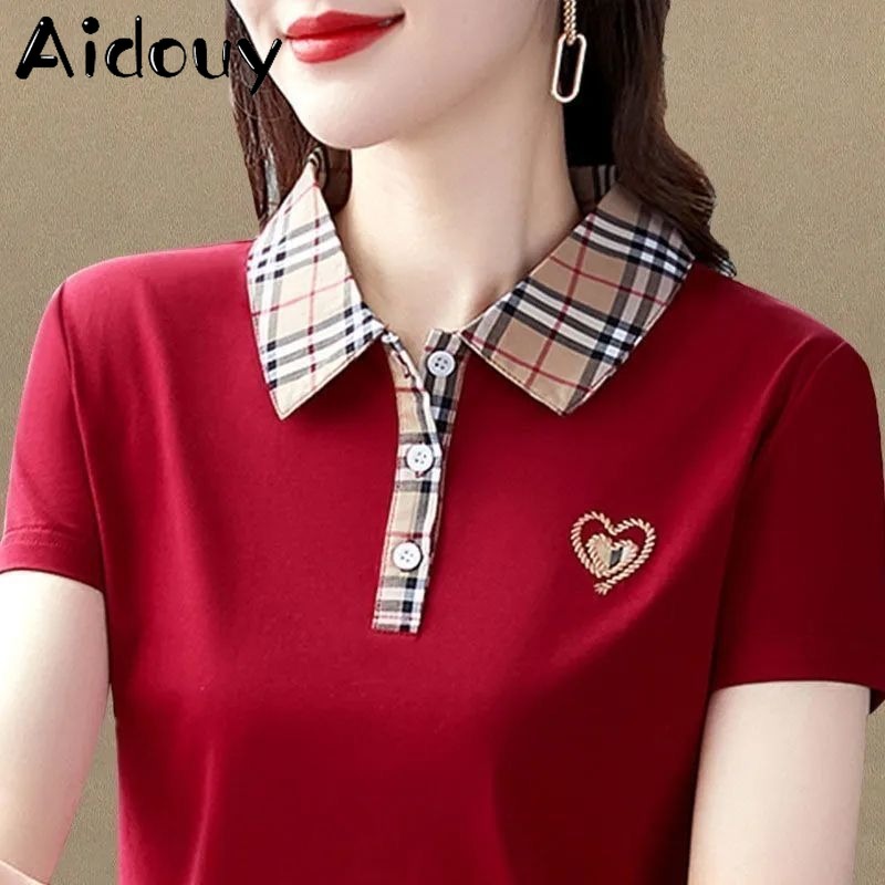 Áo Polo nữ mùa hè 2023 mới Áo Phông Ngắn Tay Nữ Hàn Quốc Áo polo thời trang lớn cổ áo polo rộng áo thêu nữ