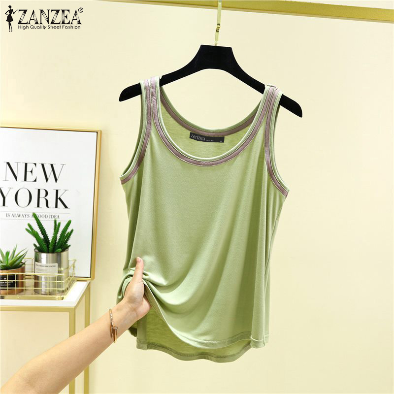 ZANZEA Women's Blouse Holiday Summer Casual Sleeveless O-Neck Textured Fabric Loose Camisoles Top #3 ราคา 152 บาท*ส่งฟรี