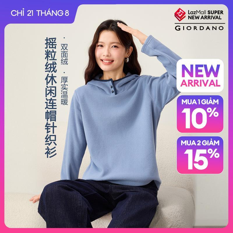 GIORDANO Women T-Shirts Polar Fleece Hooded Tee Contrast Trim Long Sleeve Fashionable Casual Relaxed Fit T-Shirts 13326608