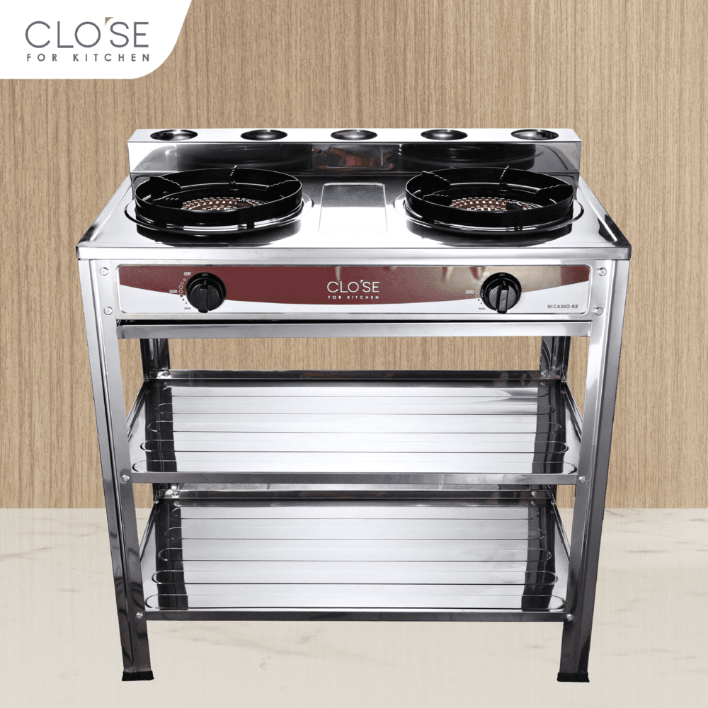 เตาแก๊ส Global House CLOSE พร้อมขาหน้าสเตนเลส 2 หัวเตา NICASIO-02 สีเงิน รับประกันของเเท้!