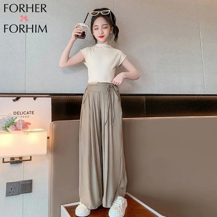 FORHERFORHIM 8-15-year-old Girl Two-piece Trend of The New Summer Wear Short-sleeved Wide-leg Trousers In A Multi-match Suit FH3957 ราคา 507 บาท*ส่งฟรี