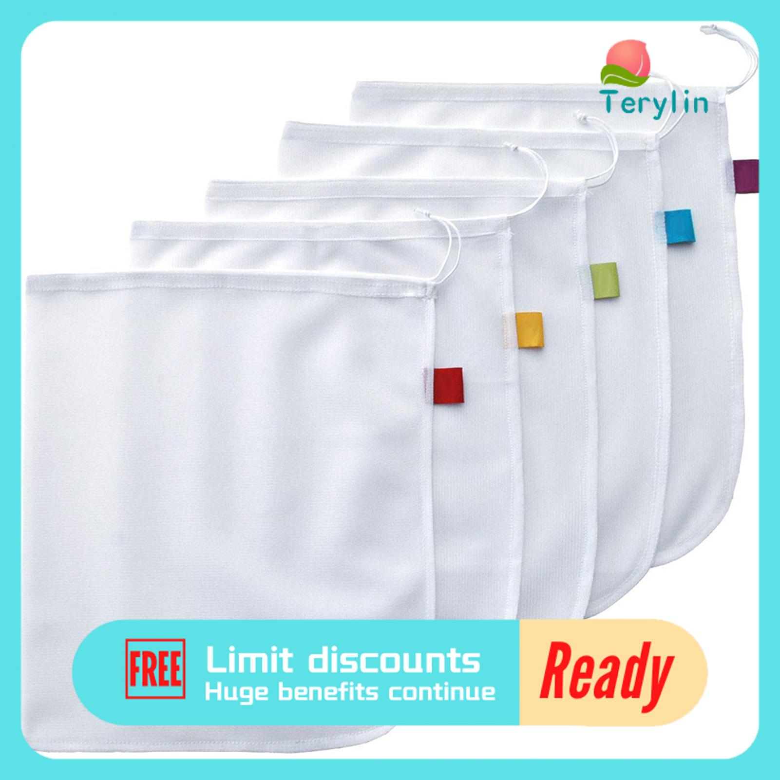 Terylin 5 CÁi Túi đựng tạp phẩm tái sử dụng dung tích lớn lưới Rau Trái Cây có thể giặt lưu trữ Pouch cho mua sắm 5 cái có thể gập lại dây rút