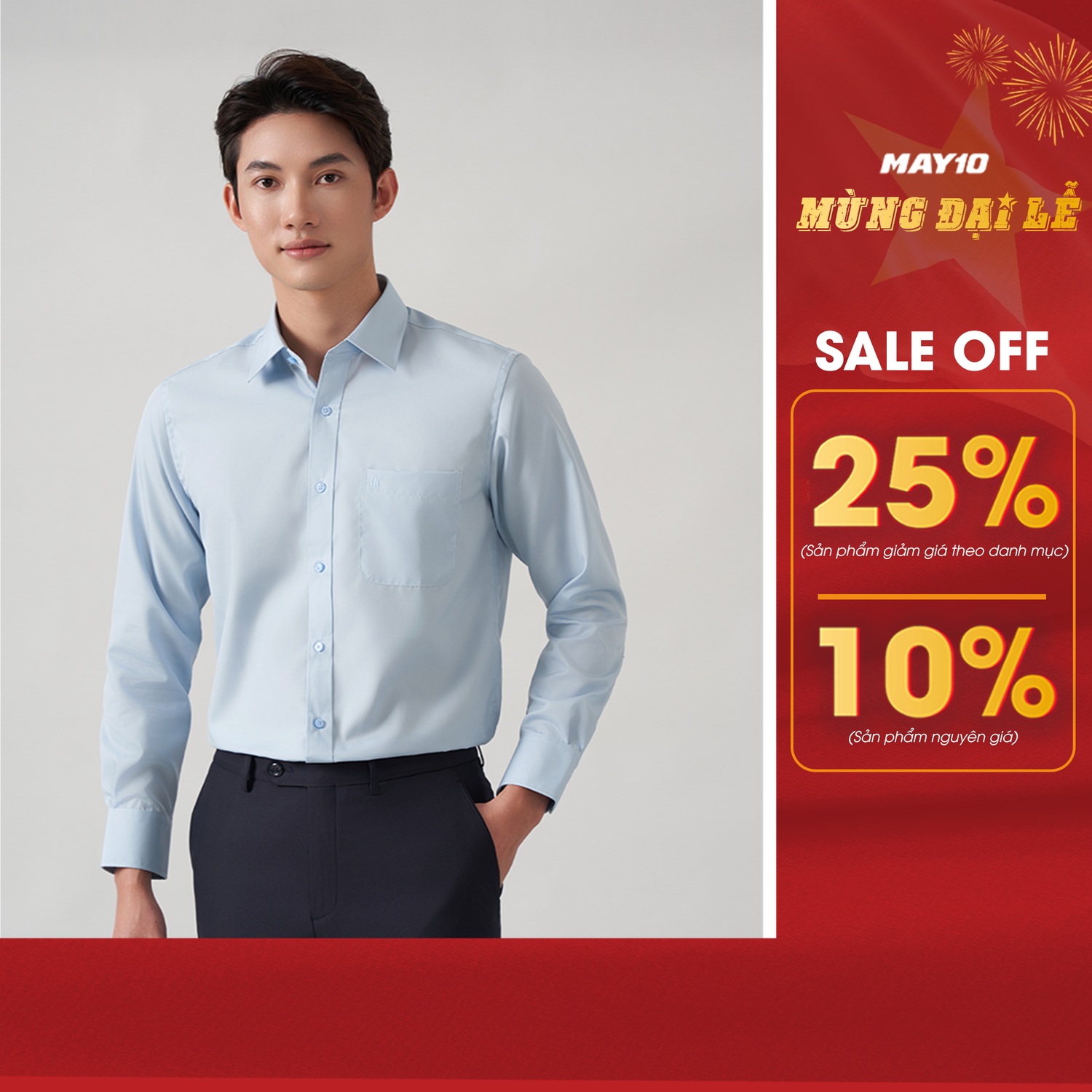 Áo sơ mi nam dài tay màu xanh May 10 dáng Regular mã 010122419VT AR668