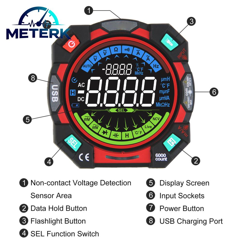 Meterk 6000 Đếm Đồng hồ vạn năng TRMS Có thể sạc lại Tự động đo vôn kế AC DC Điện áp hiện tại Máy kiểm tra điện với màn hình màu cho điốt NCV liên tục Giá 716,000 Đồng*Miễn phí vận chuyển