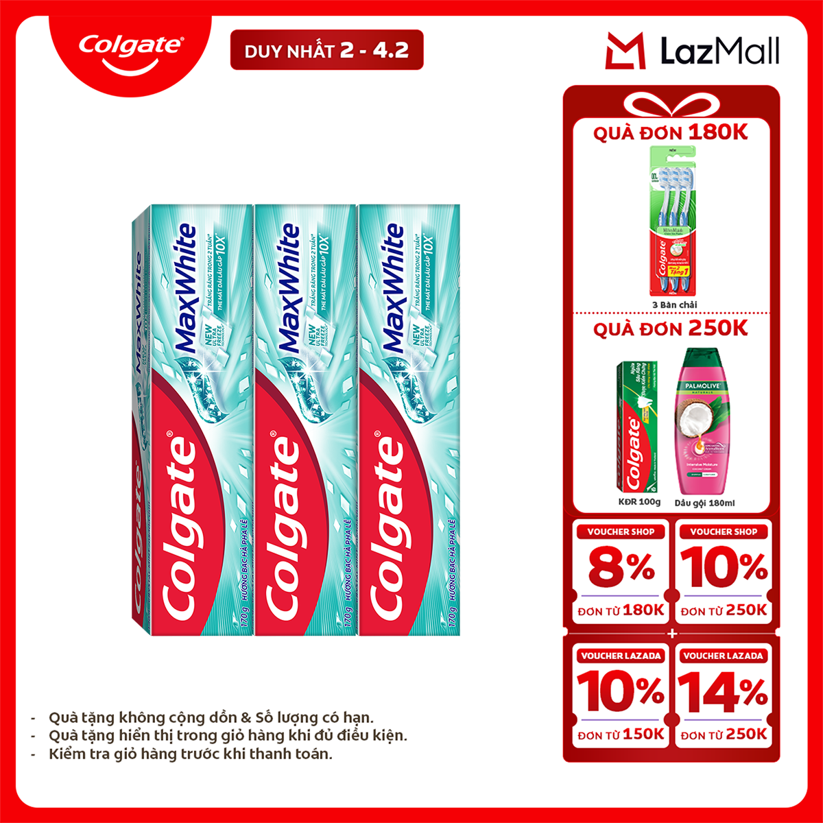 [Chỉ 2-4.2_X2 Voucher giảm 24%] Bộ 3 Kem đánh răng Colgate MaxWhite tinh thể the mát làm trắng răng 
