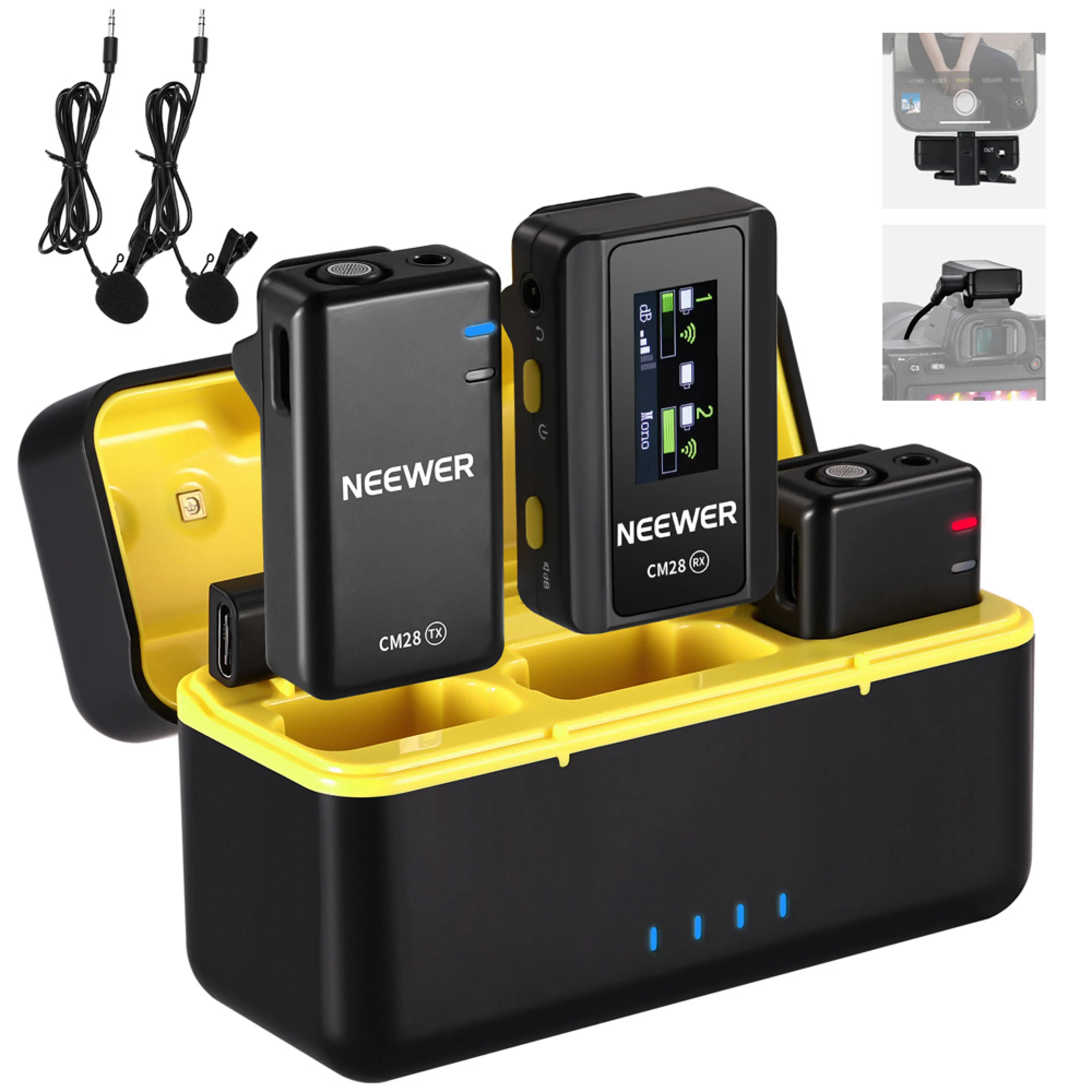 NEEWER CM28 Mic Set Wireless Lavalier Microphone System with Charging Case, Noise Cancelling Mini Mic for iPhone iPad Android Phone Camera PC