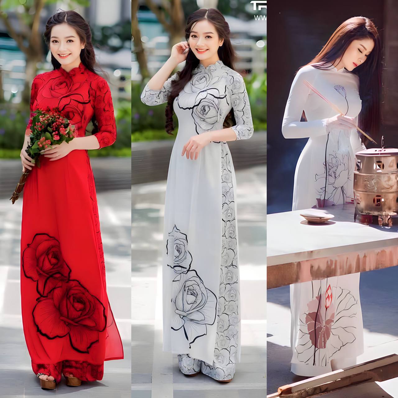 Set áo dài lụa trắng & đỏ cao cấp by4689