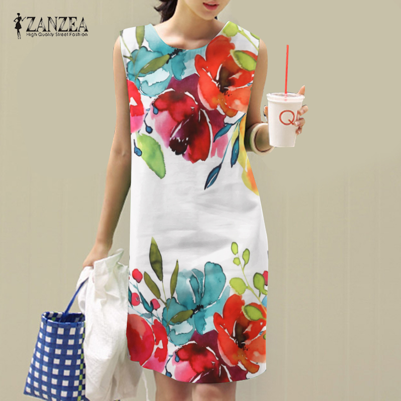 Momonaco ZANZEA Đầm nữ in hoa sundress kỳ nghỉ thanh lịch Đầm không tay cổ chữ O Đầm xẻ #7