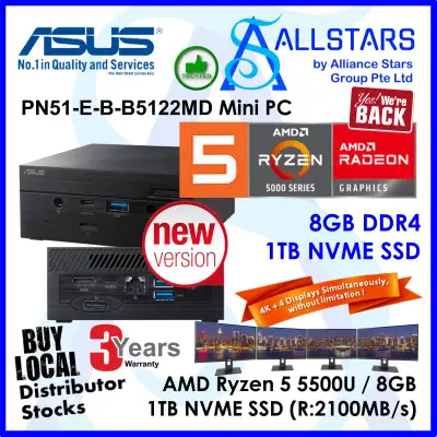 (ALLSTARS : We are Back/ Mini PC Promo) ASUS PN51 Ryzen5 5500U / PN51-E-B-B5122D +8GB 3200MHz+1TB NVME SSD+Unactivated MS Win10 Home (AMD Ryzen 5 5500U / Intel WiFi 6 / BT5.0 / GBE LAN / HDMI+DP / USB3.2 Type-C+Type-A / card reader / Wless KB+Mouse)