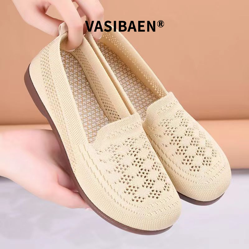 Vasibaen Giày chống trượt cho người già Giày nữ mùa hè Chân rộng siêu mềm chống mòn và nhẹ giày cho bà cổ ngắn giày vải Bắc Kinh cổ lưới dệt thoi ngang