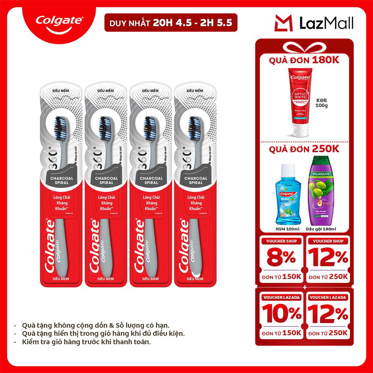 [Chỉ 25-29.4_X2 Voucher giảm 20%] Bàn chải Colgate 360 than hoạt tính kháng vi khuẩn Charcoal Spiral lông chải xoắn kép