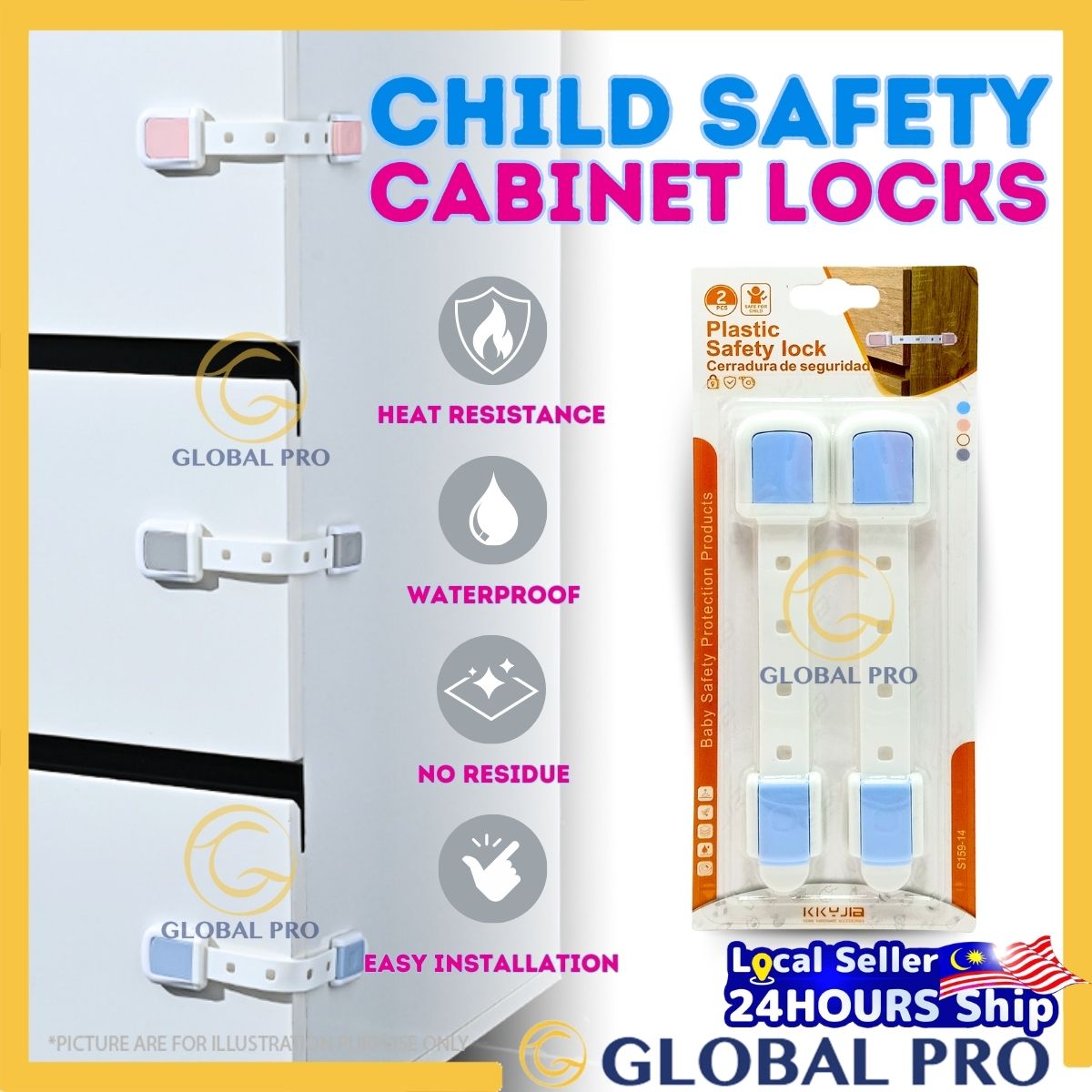 2PCS Child Safety Cabinet Locks Baby Proofing Latches Cabinet Drawer Baby Safety Locks Pengunci Pintu Almari Budak