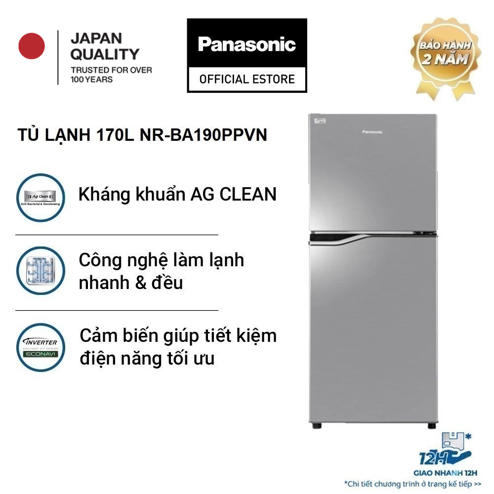 [Trả góp 0%] Tủ lạnh Panasonic Inverter 170 lít NR-BA190PPVN  - Kháng khuẩn tinh thể bạc Ag+ - Bảo h