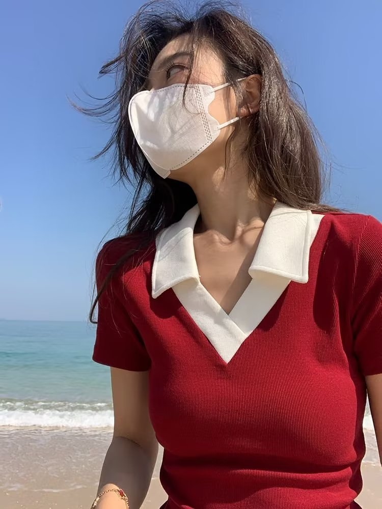 MTTM Áo Polo Vai Cổ Điển Kiểu Mỹ Áo Thun Tay Ngắn Màu Tương Phản Áo Nữ Sang Trọng Dành Cho Người Thích Hợp Thiết Kế Rộng Rãi Mùa Hè Cho Nữ