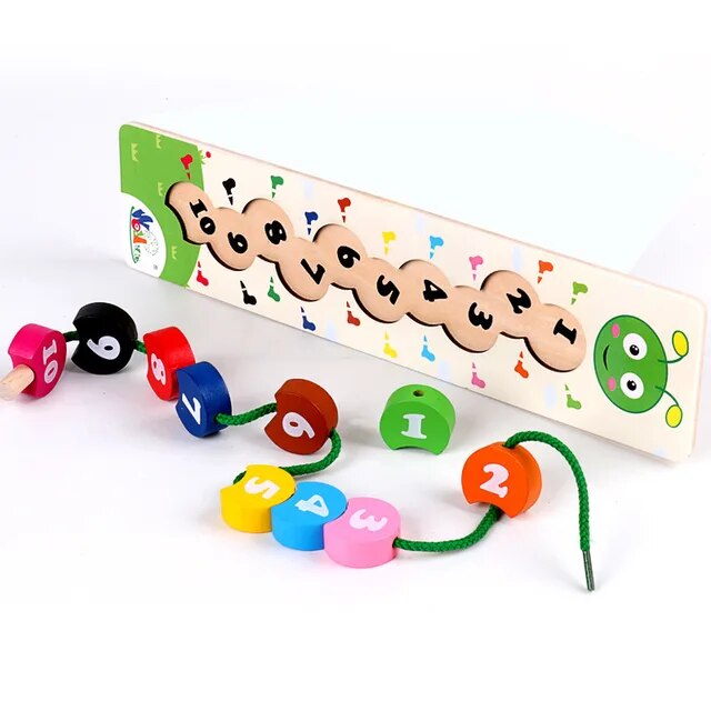 Baby Number Learning Toys Montessori Colorful Wooden Stringing Threading Caterpillar Digital Beads Toys For Children
